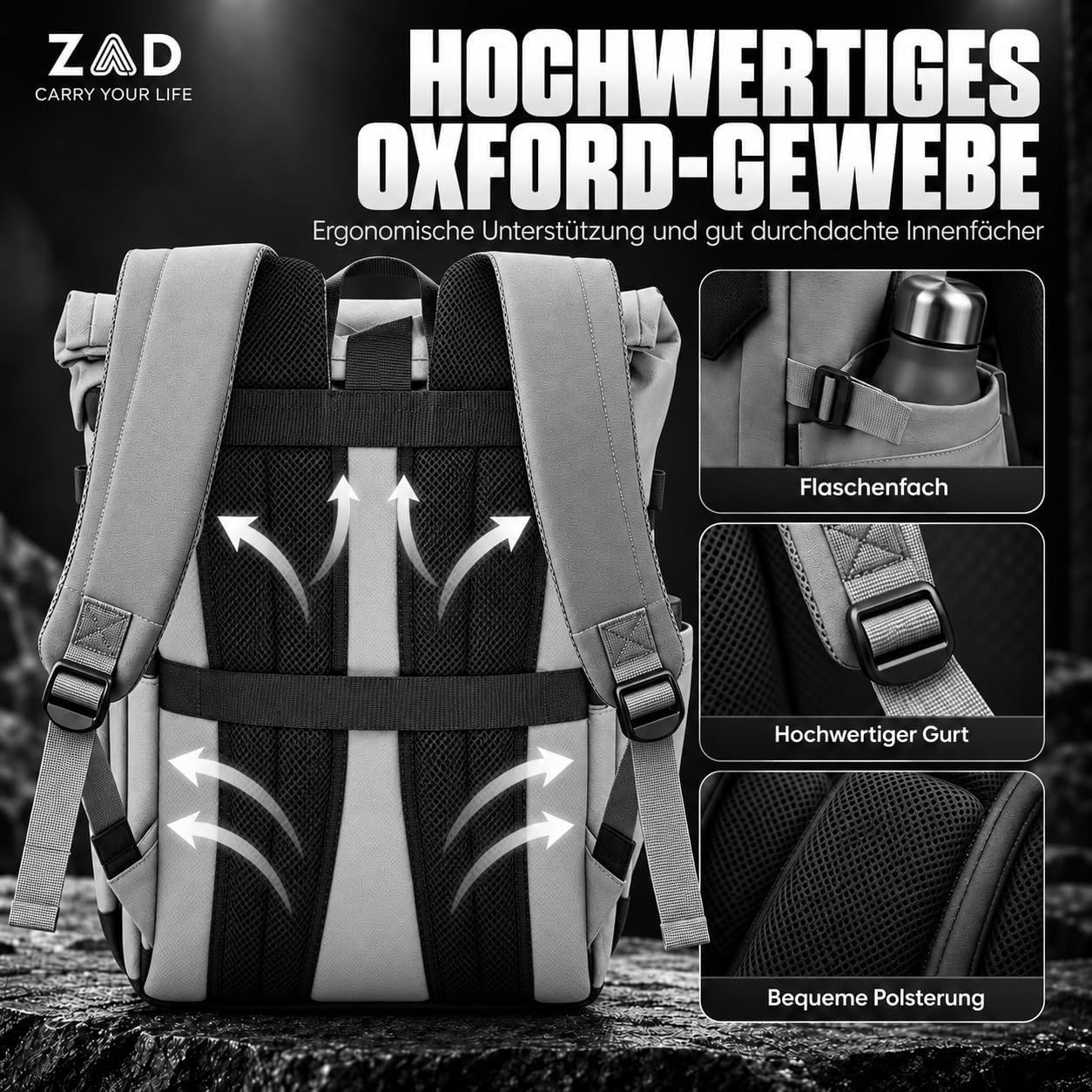 Uses arrows and segmented panels to show the ergonomic back support, bottle pocket, strap quality and padding that make the bag comfortable. Points to the back panel, strap and bottle pocket with…