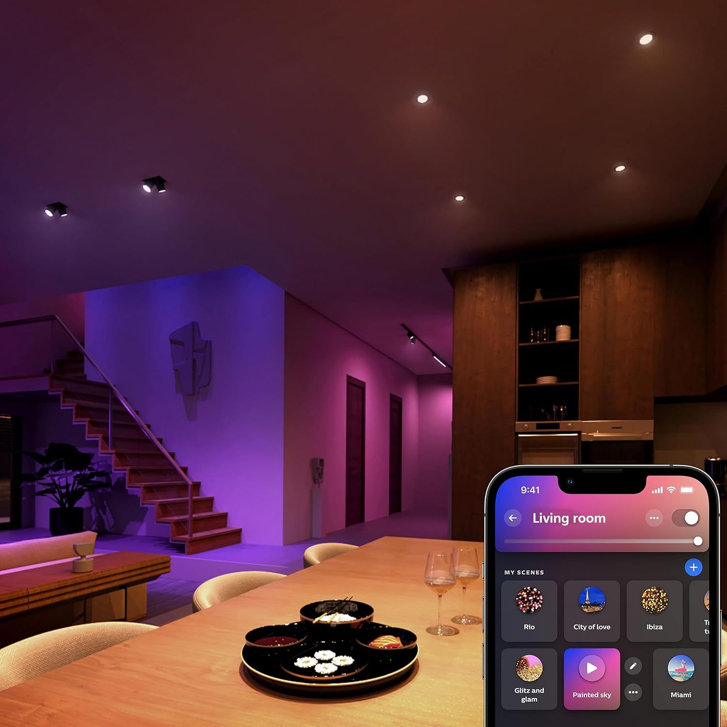 Shows the lights in a real living space with colorful ambiance to inspire shoppers.