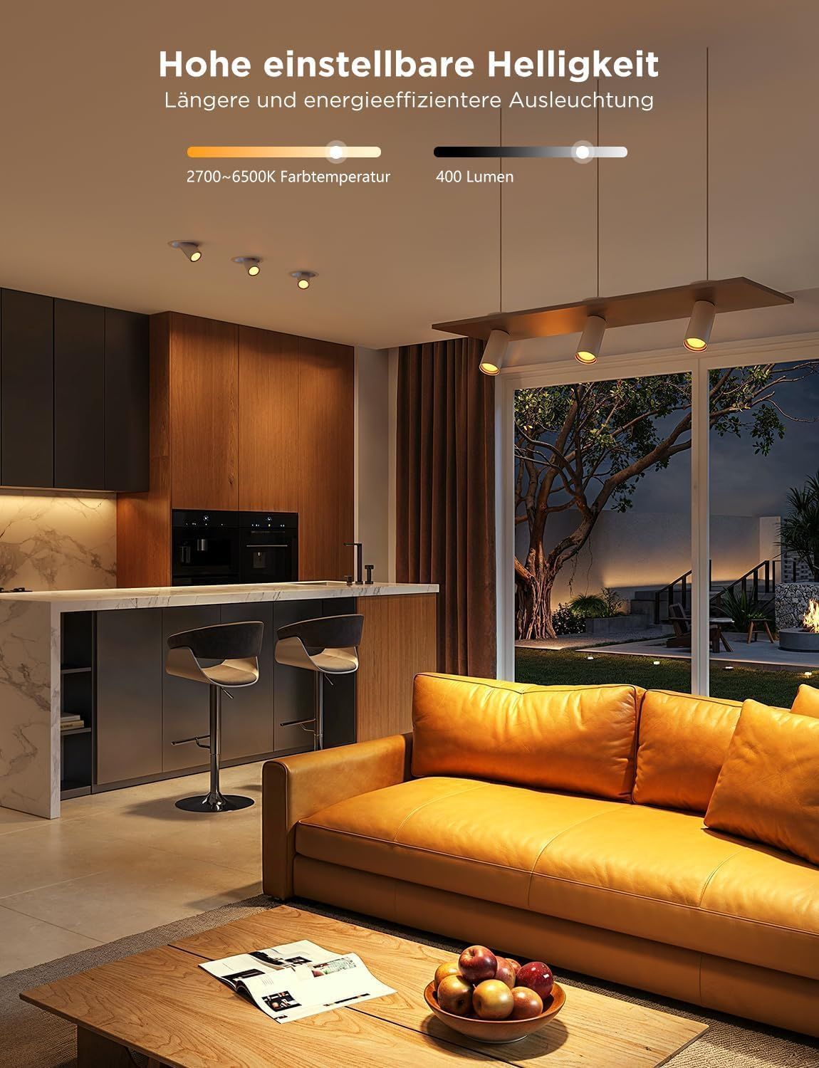 Reassures shoppers the lights are bright, adjustable in color temperature, and energy efficient.