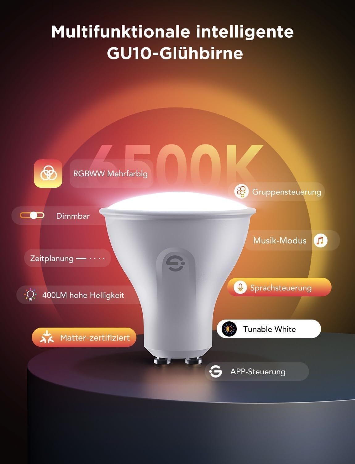 Shows many smart features of the GU10 bulb in one layout so shoppers see its full functionality.