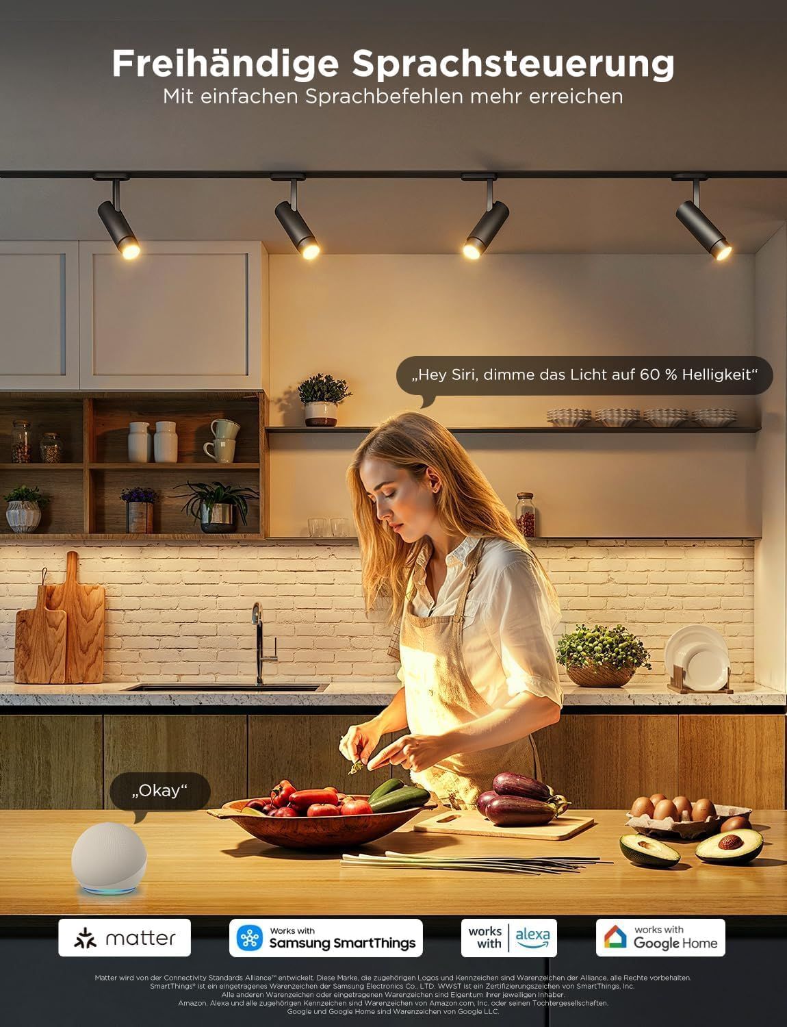 Reassures shoppers of standards-based compatibility and certification for hands-free voice control. Shows voice commands working in a kitchen setting to highlight easy hands-free control.