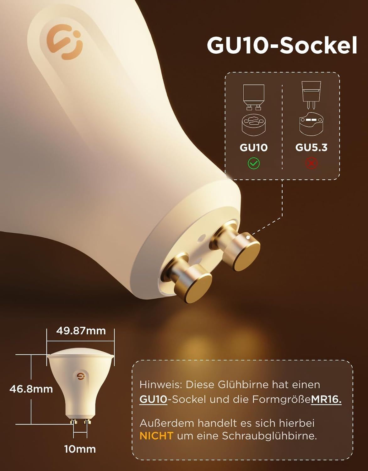 Shows the GU10 pin base and dimensions so shoppers can confirm compatibility with their fixtures.