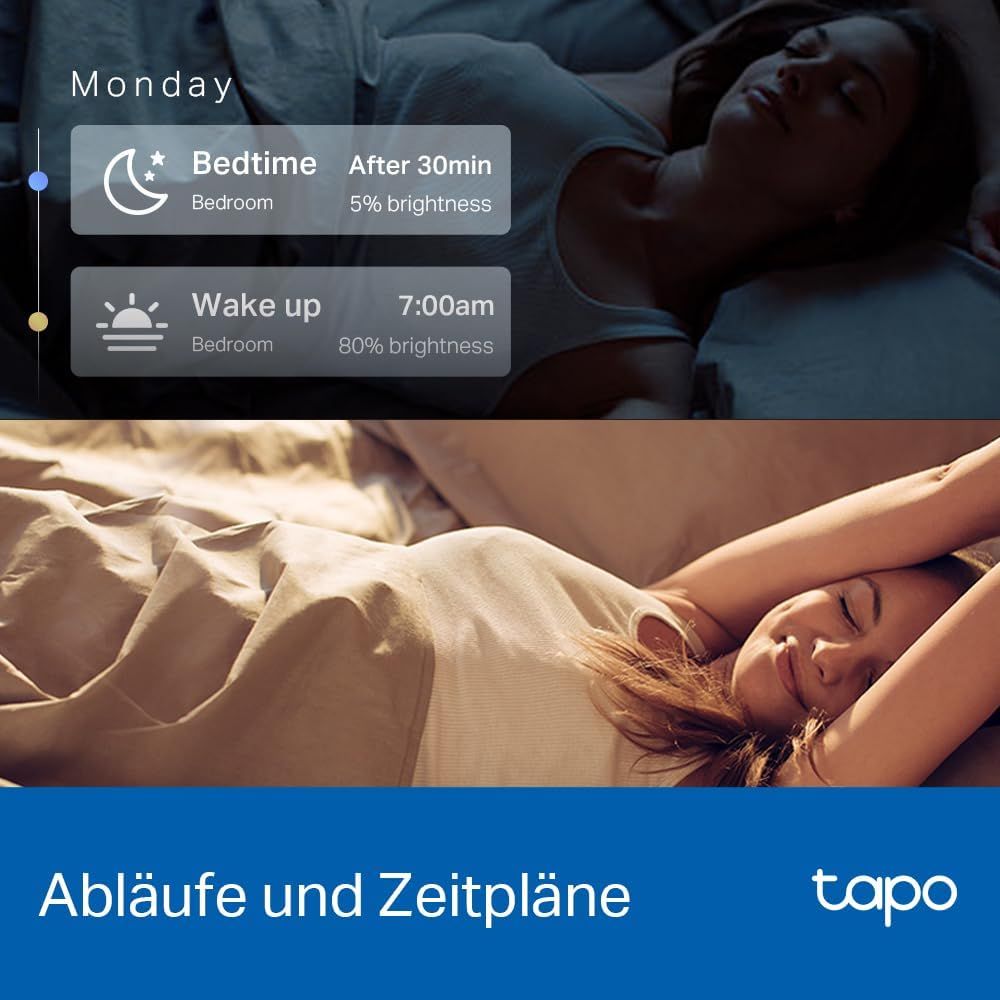Shows the bulb can follow automatic schedules that gently dim for bedtime and brighten for waking. Explains how to set up routines in the app for sleep and wake times.