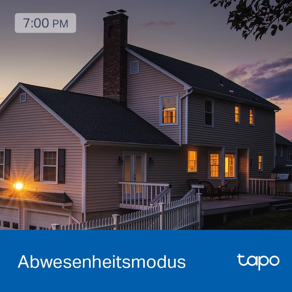 Shows the lights can turn on automatically at dusk to make the home look occupied while away.