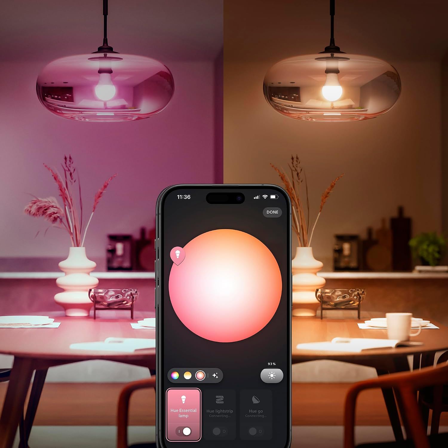 Shows the bulb transforming a room between cool pink and warm amber tones, communicating one core idea that the light adapts to mood with a single smart control. Shows the Hue app color wheel…