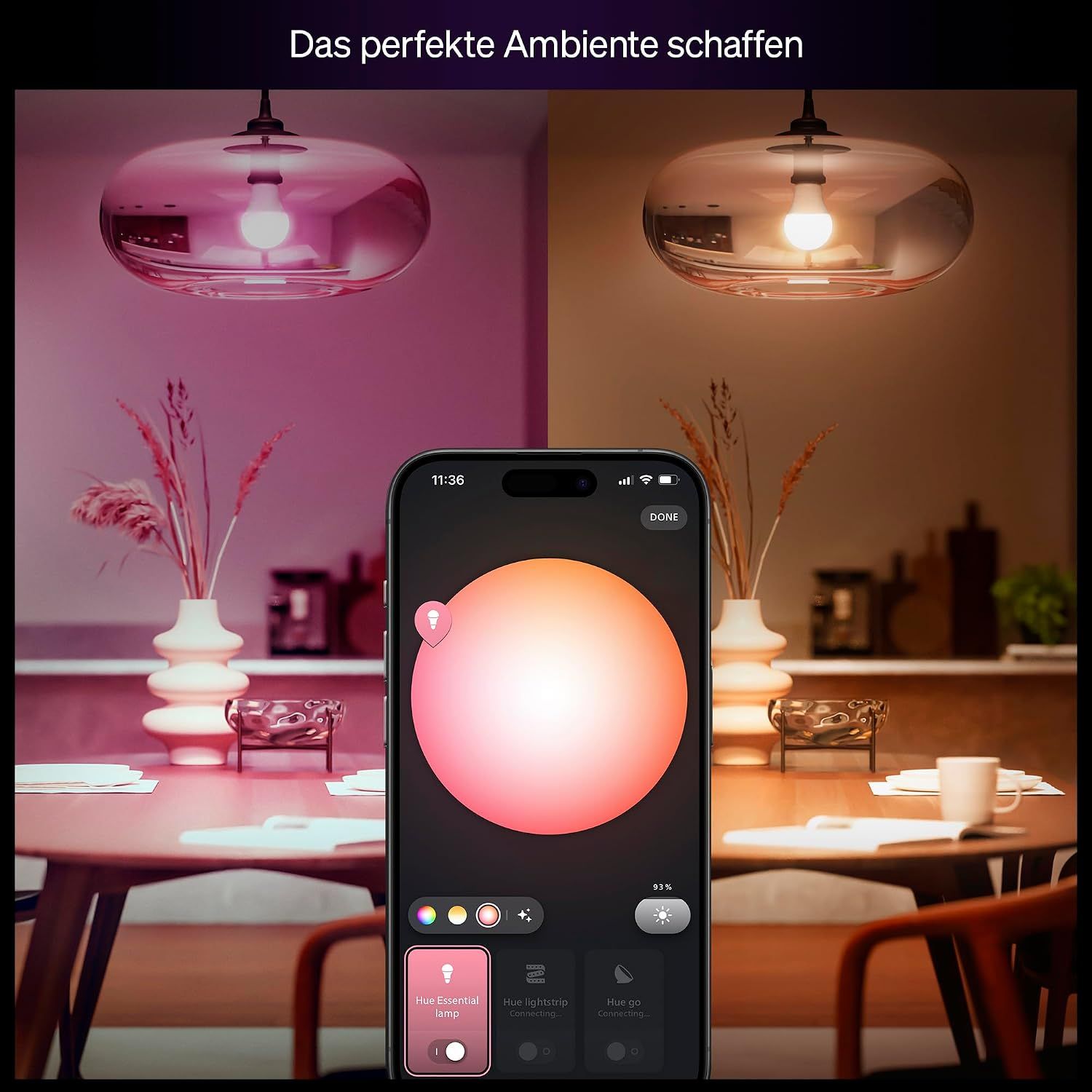 Shows the bulb creating different ambient moods through color and white tones, controlled from a smartphone app. Reassures shoppers they can customize lighting to suit any setting. Demonstrates the…