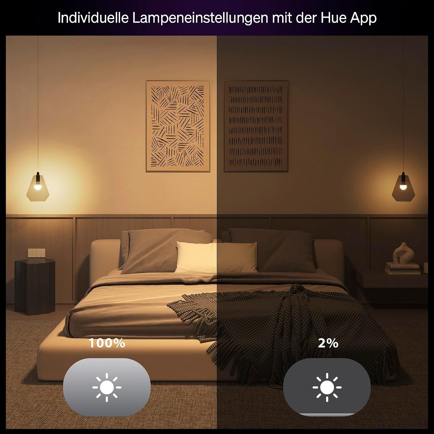 Shows that each lamp can be dimmed independently in the Hue app, from full 100% brightness to 2%, so shoppers can set the mood for each room area. Reinforces that the brightness of individual lamps…