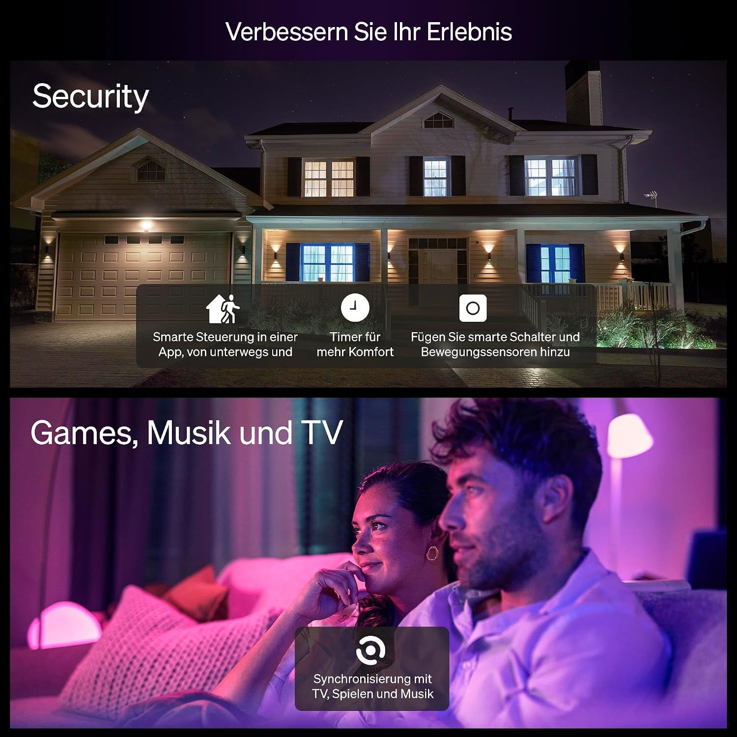 Shows several smart lighting benefits in segmented panels, including app control, timers, motion sensor integration, and sync with TV, games, and music to enhance the home experience. Demonstrates…