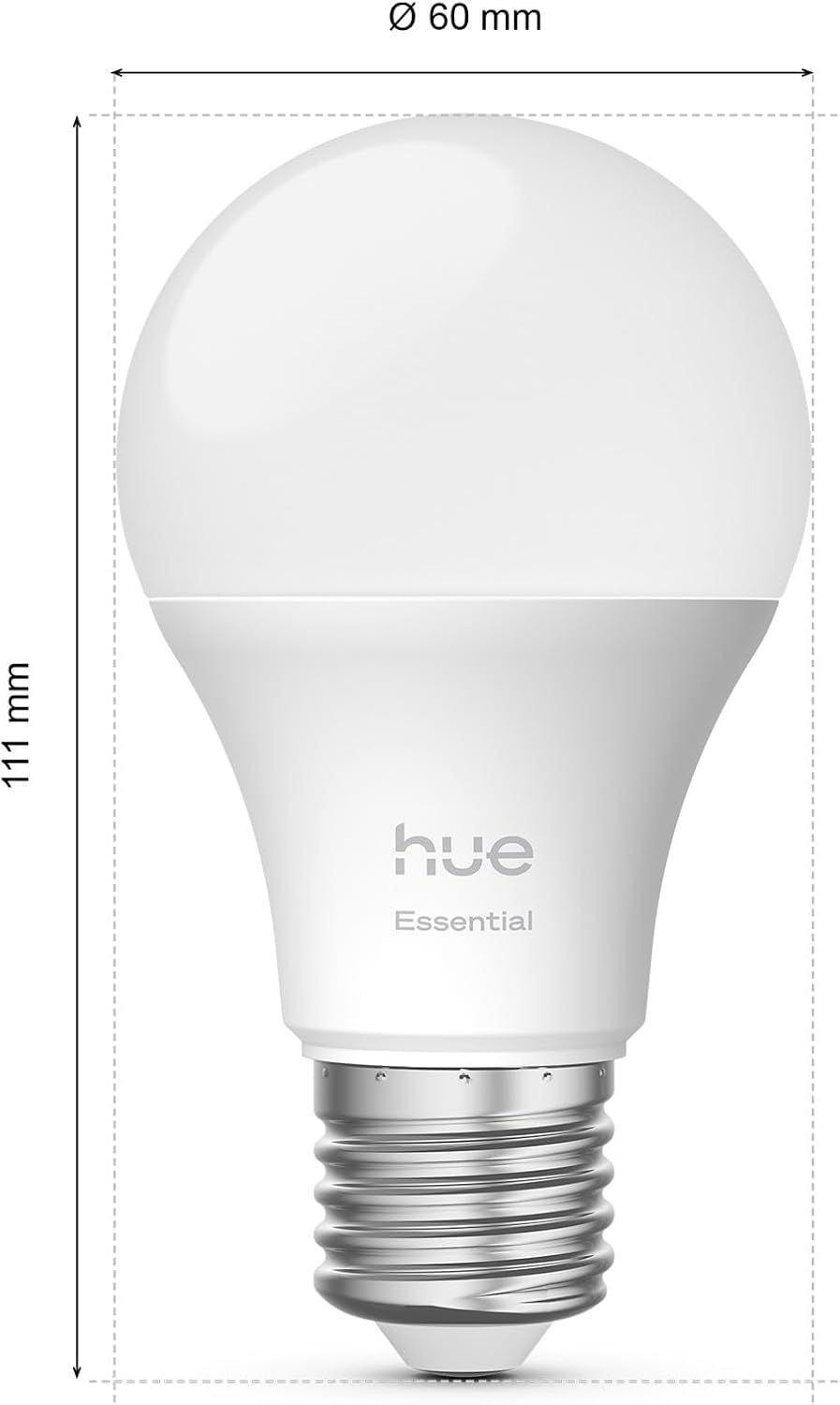 Shows the exact physical dimensions of the Hue Essential bulb so shoppers can confirm it fits their lamp or fixture.
