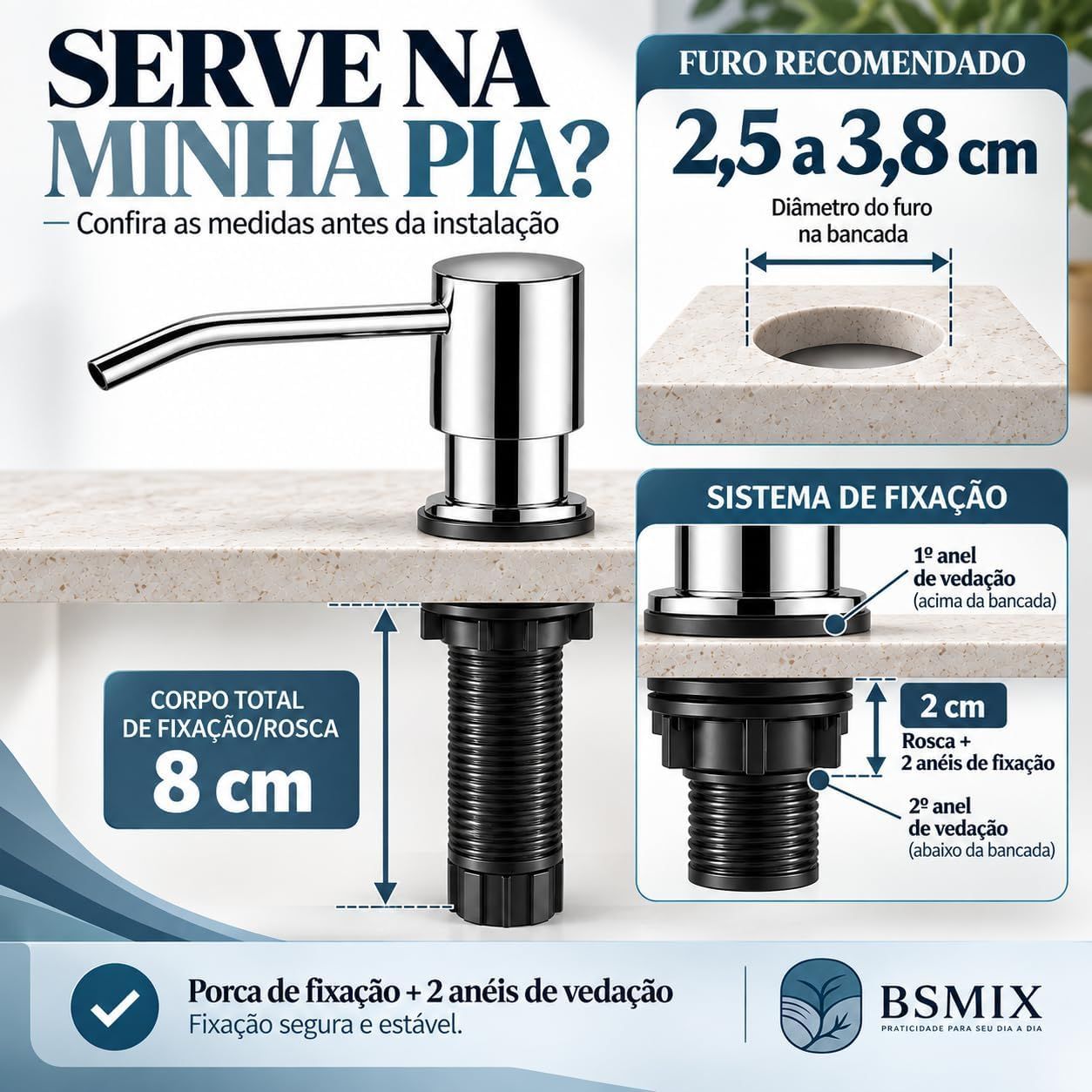 Shows the exact installation hole size and body length so shoppers can confirm the dispenser fits their countertop before buying. Breaks down the mounting parts and sealing rings to show the…