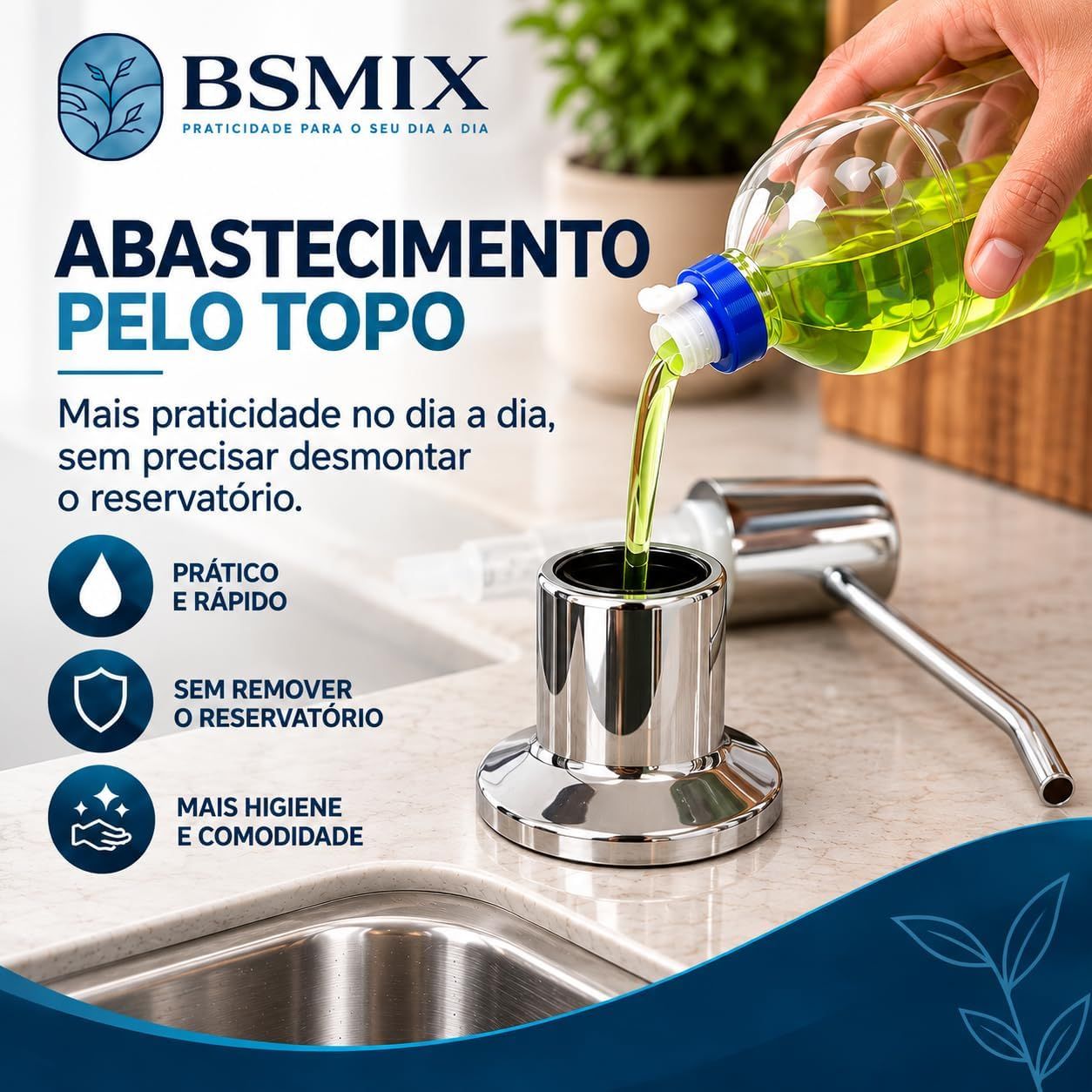 Demonstrates pouring soap into the top refill opening without removing the reservoir. Highlights the convenience of refilling from the top without removing the reservoir.