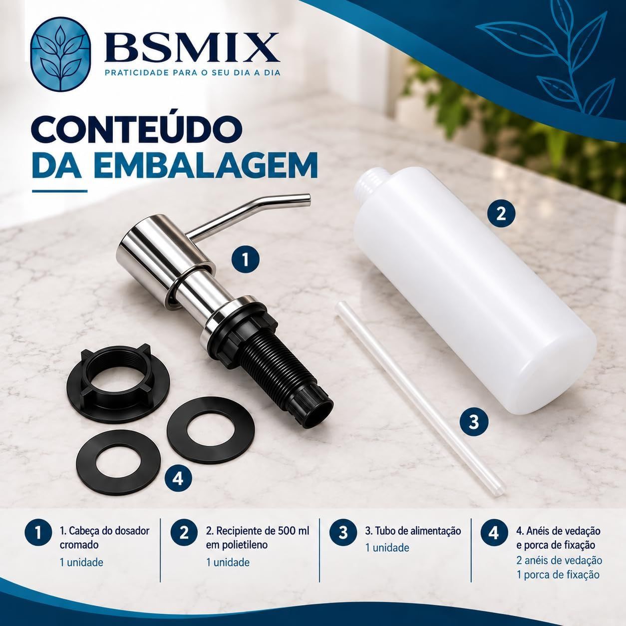 Shows every included part so shoppers know exactly what they receive in the box. Confirms the kit contains the dispenser head, 500ml bottle, feed tube, two sealing rings and a locking nut.