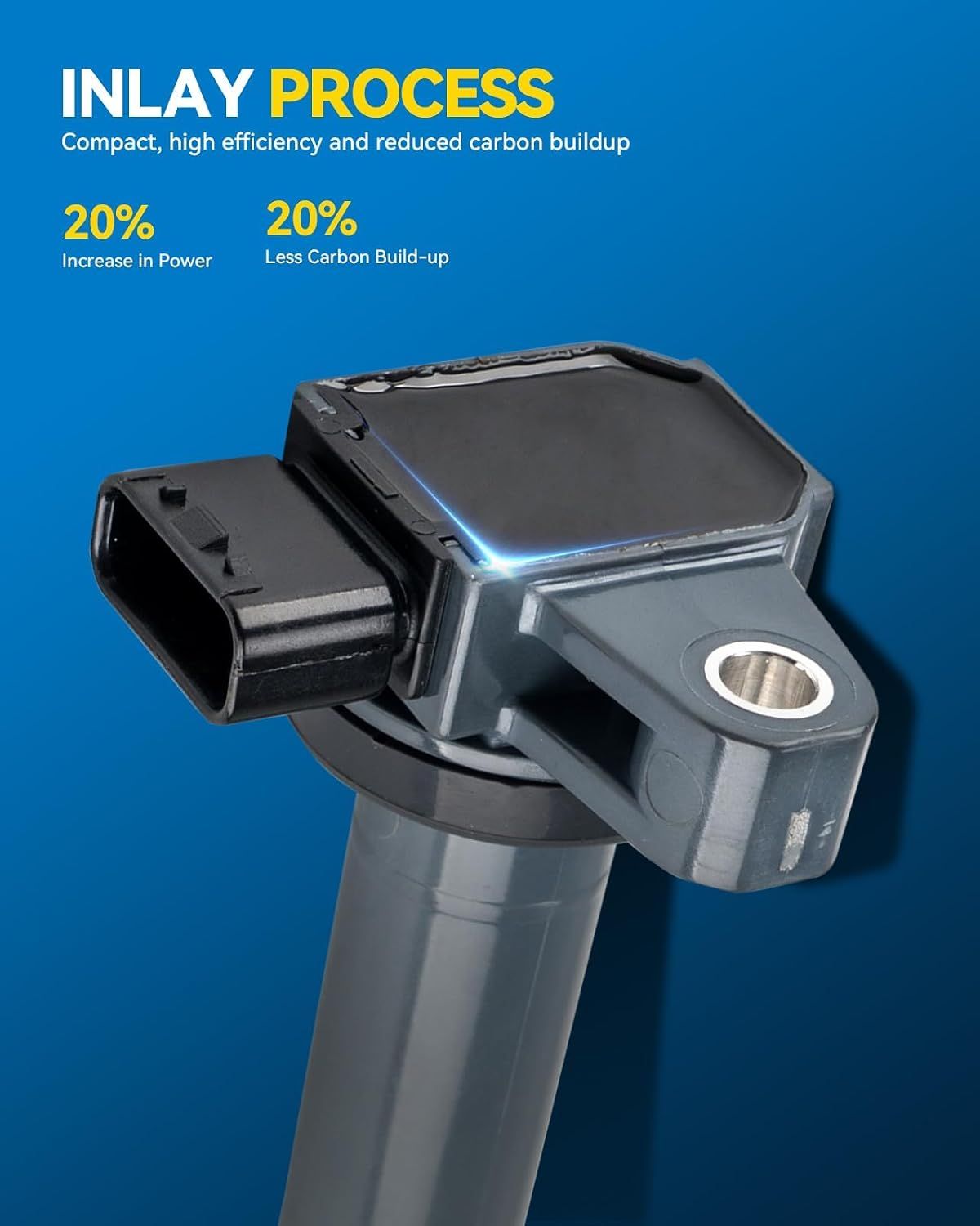 Uses bold percentage stats to show the coil delivers more power and less carbon buildup. Reinforces that the inlay process coil is compact and high efficiency.