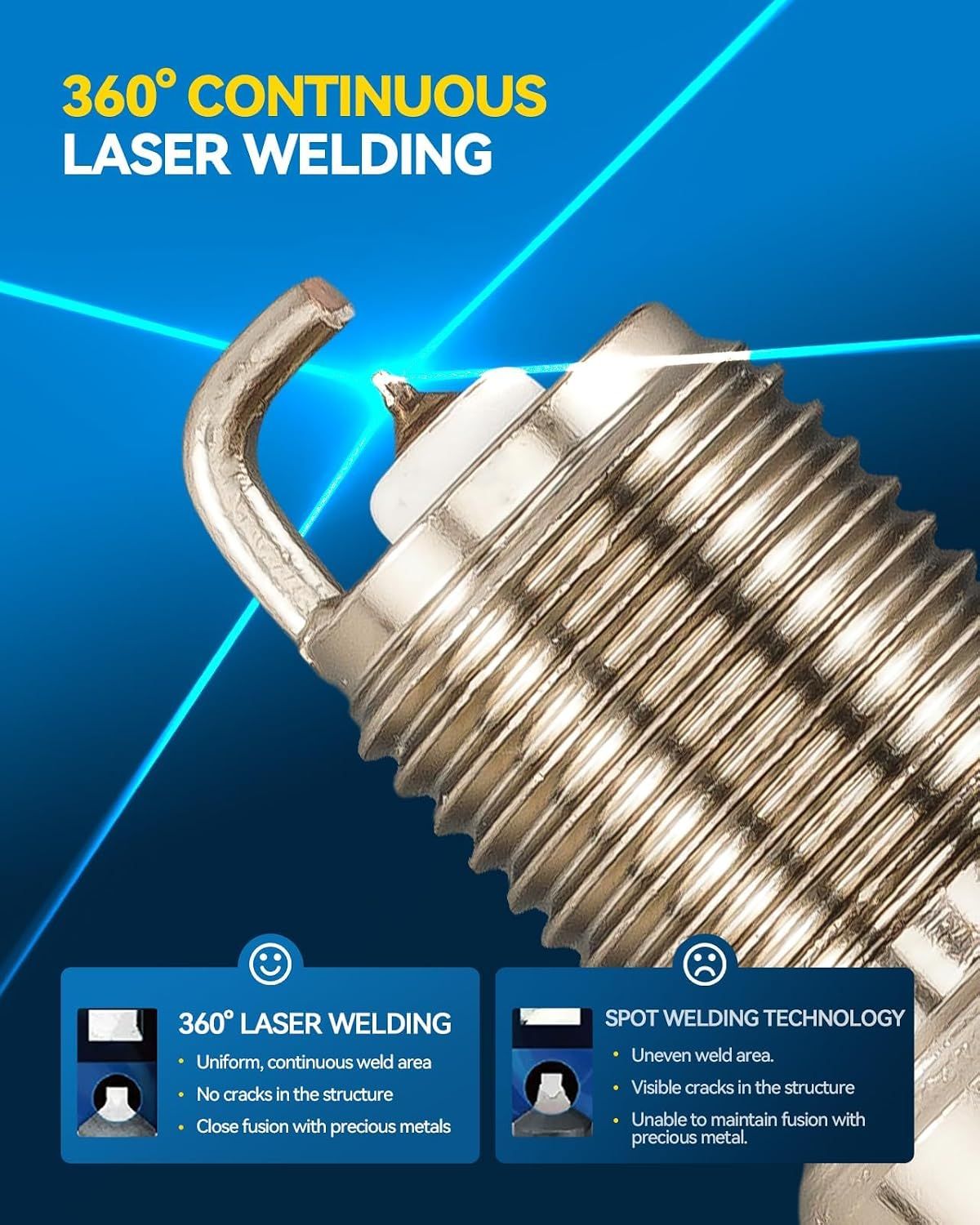 Shows the spark plug uses continuous laser welding for a crack-free, strong bond versus spot welding. Not applicable