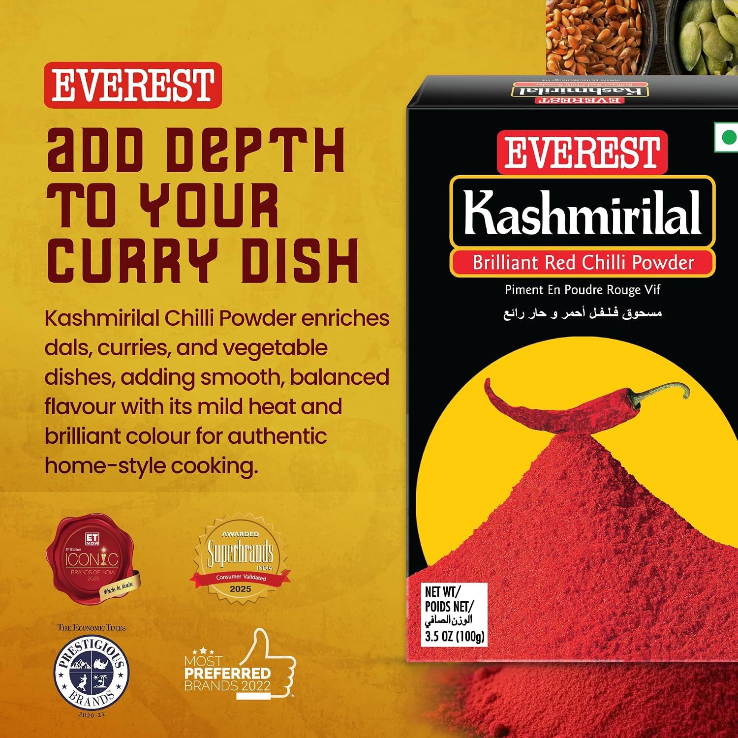 Communicates that Kashmirilal chilli powder adds depth and smooth balanced flavour to curries and dals. Uses award and recognition badges to build trust in the Everest brand.