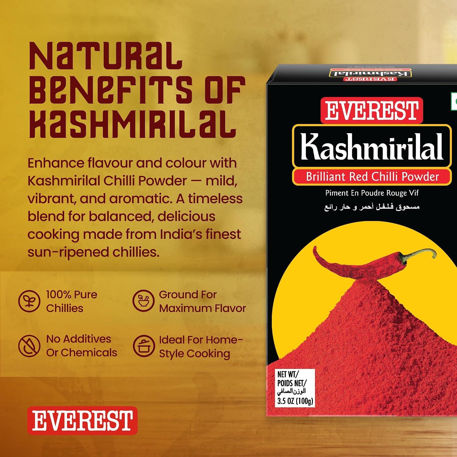 Presents four segmented icon benefits covering purity, flavour, additive-free content and home cooking suitability.