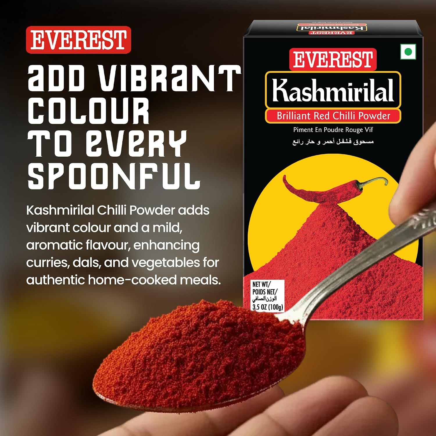 Shows the spoonful of powder to convey that the product adds vibrant colour and mild aromatic flavour.