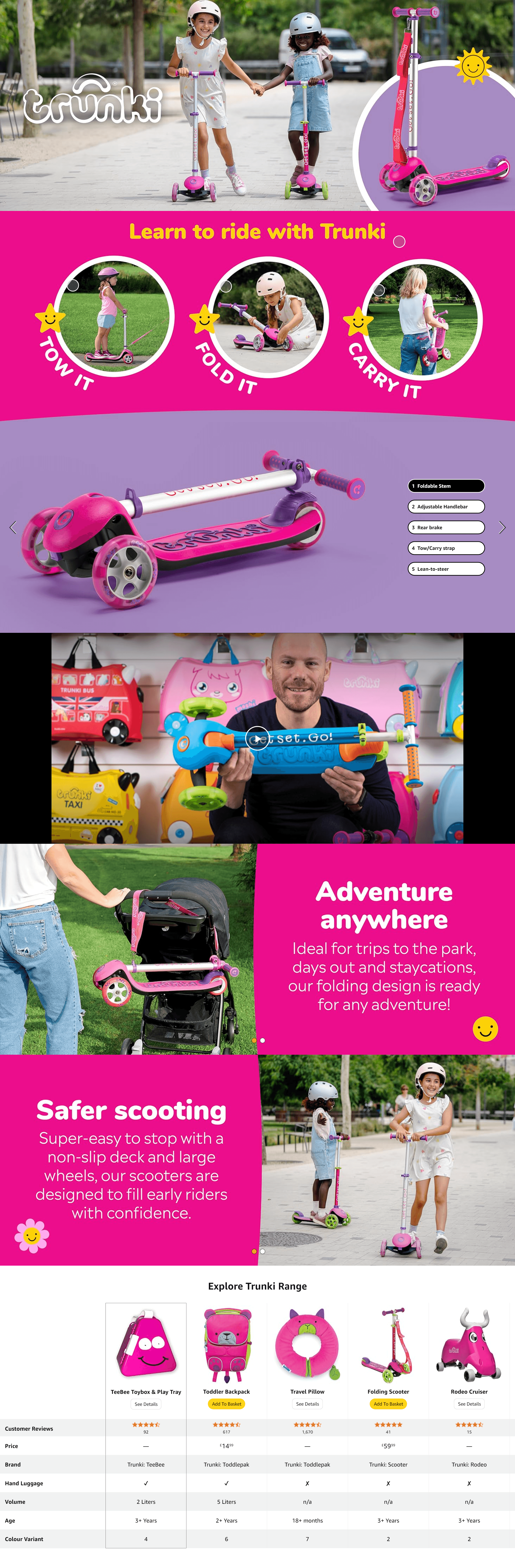Premium A+ Content for Trunki Folding 3 Wheel Kids Scooter for Girls with Tow and Carry Strap and Storage bag