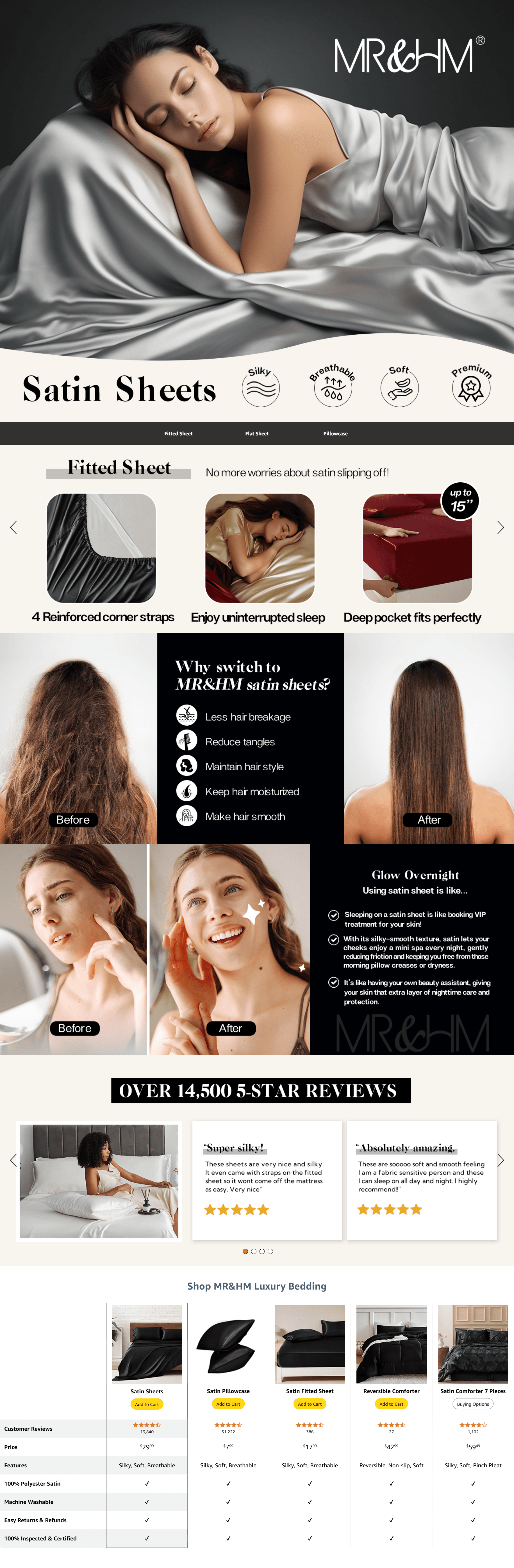 Premium A+ Content for Amazon.com: MR&HM Satin Bed Sheets
