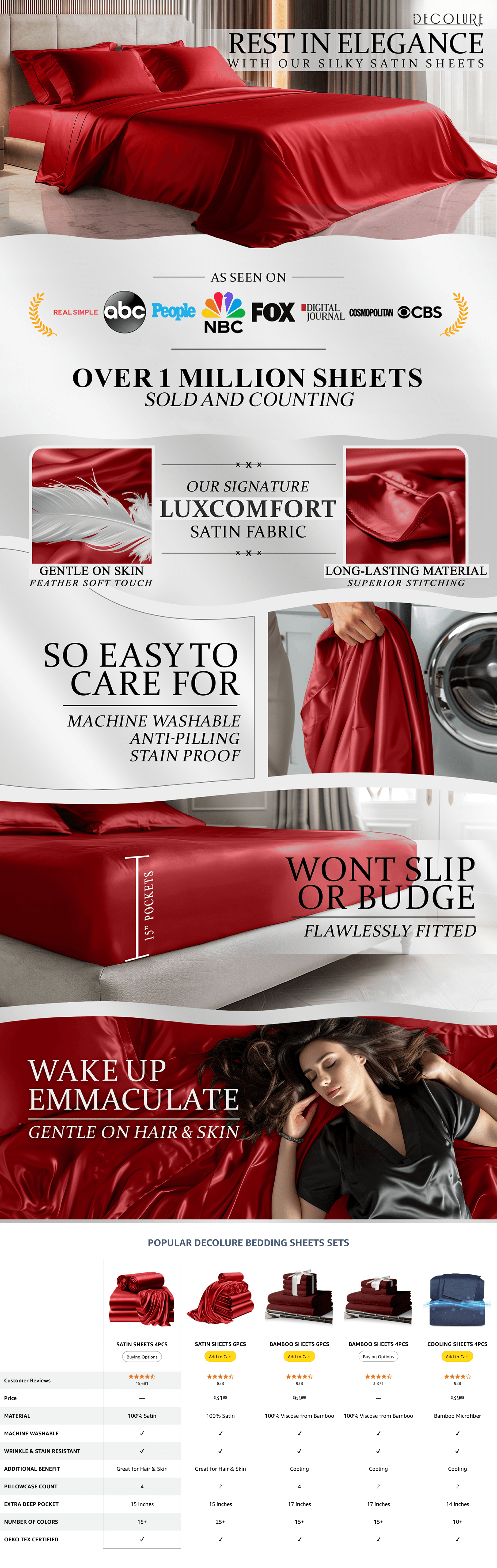 Premium A+ Content for Amazon.com: DECOLURE Satin Bed Sheets