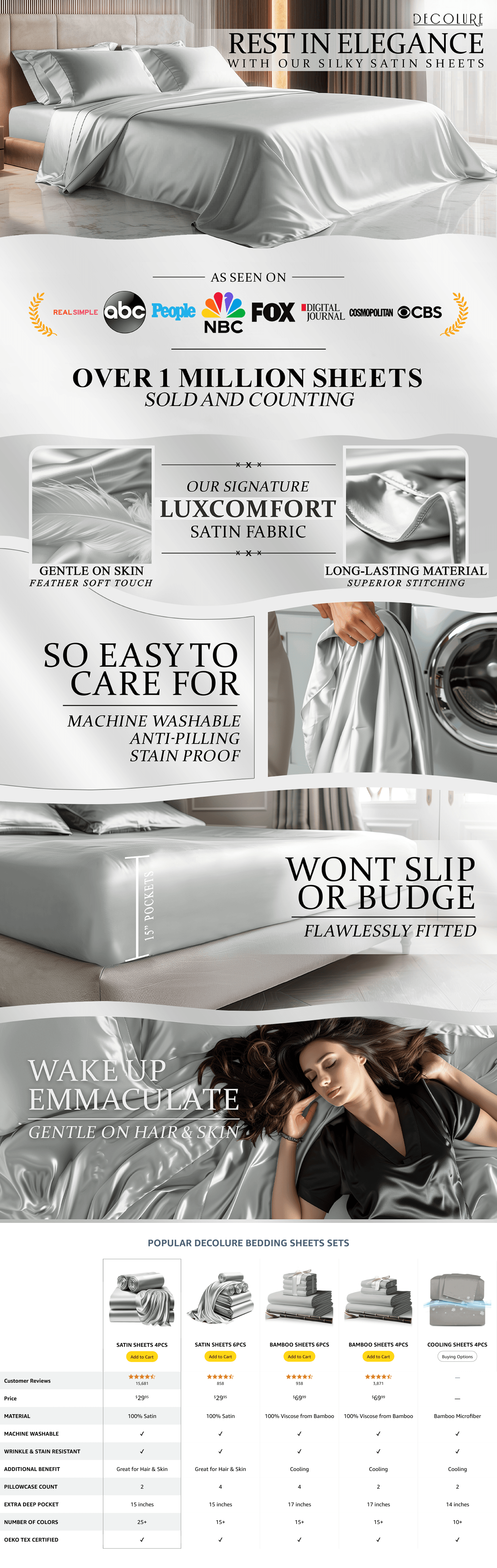 Premium A+ Content for Amazon.com: DECOLURE Satin Bed Sheets