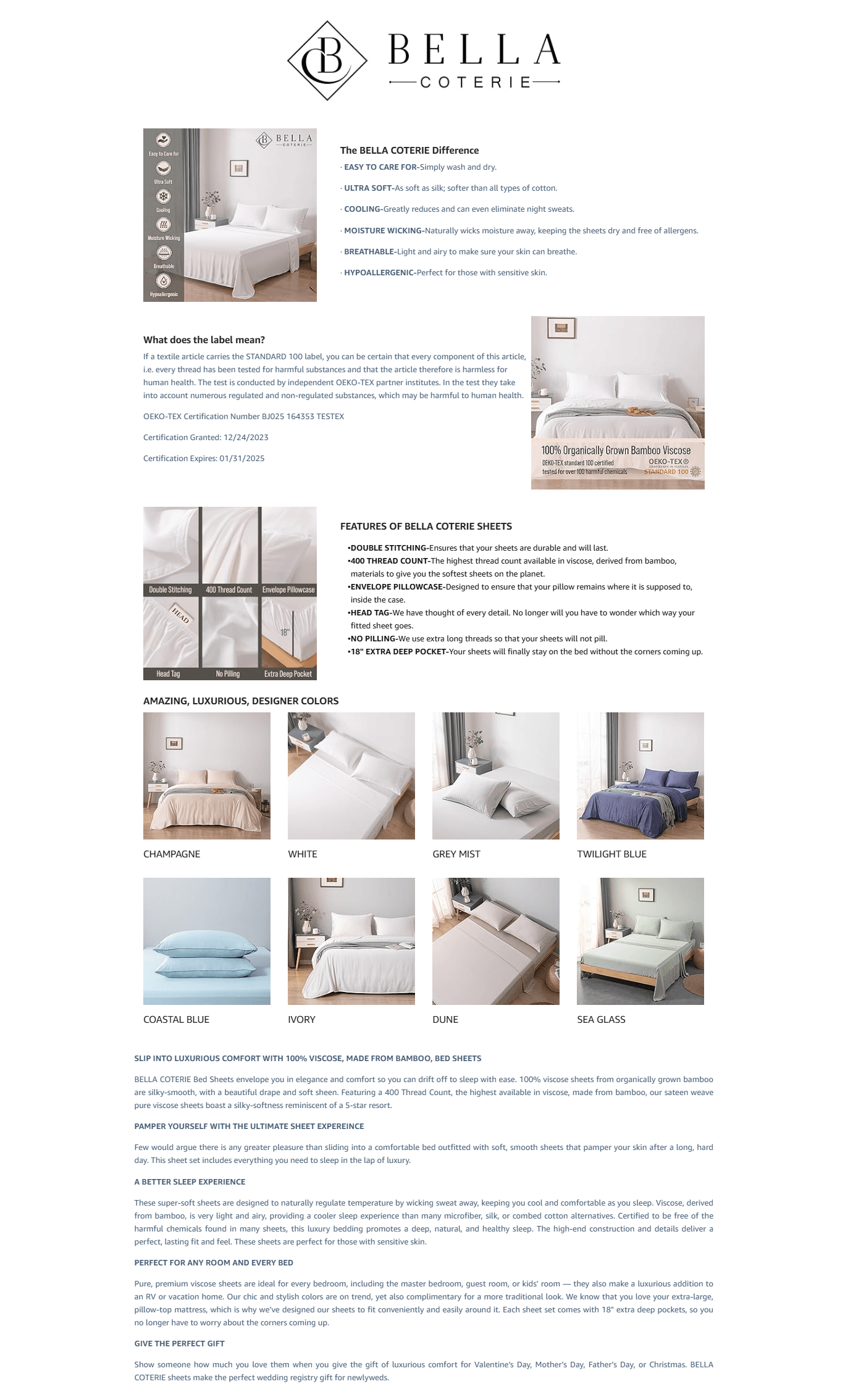 Premium A+ Content for Amazon.com: Bella Coterie Luxury King Bamboo Sheet Set