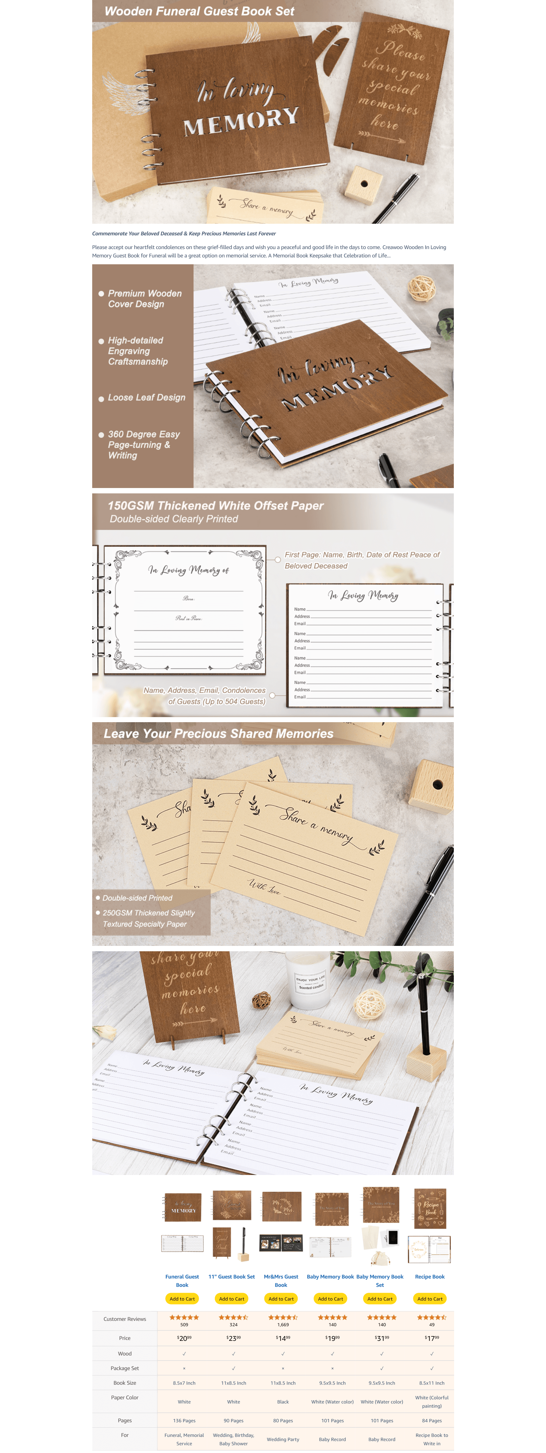 Premium A+ Content for Amazon.com: Creawoo Wooden Funeral Guest Book for Memorial Service Celebration of Life…