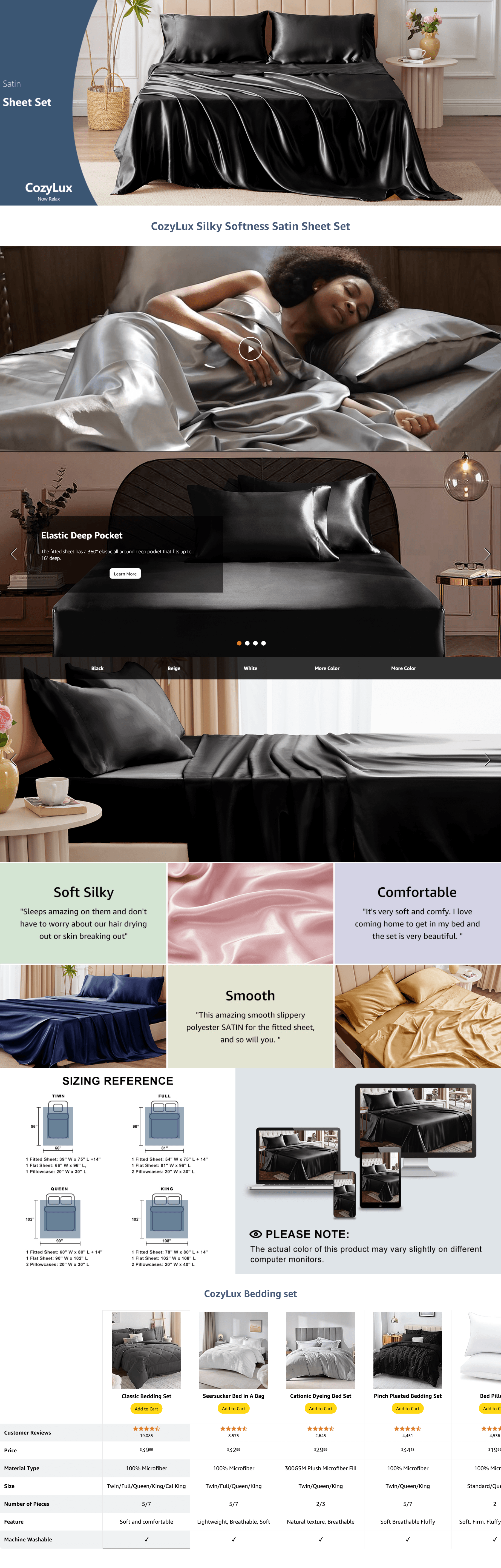 Premium A+ Content for Amazon.com: CozyLux Satin Sheets Queen Size