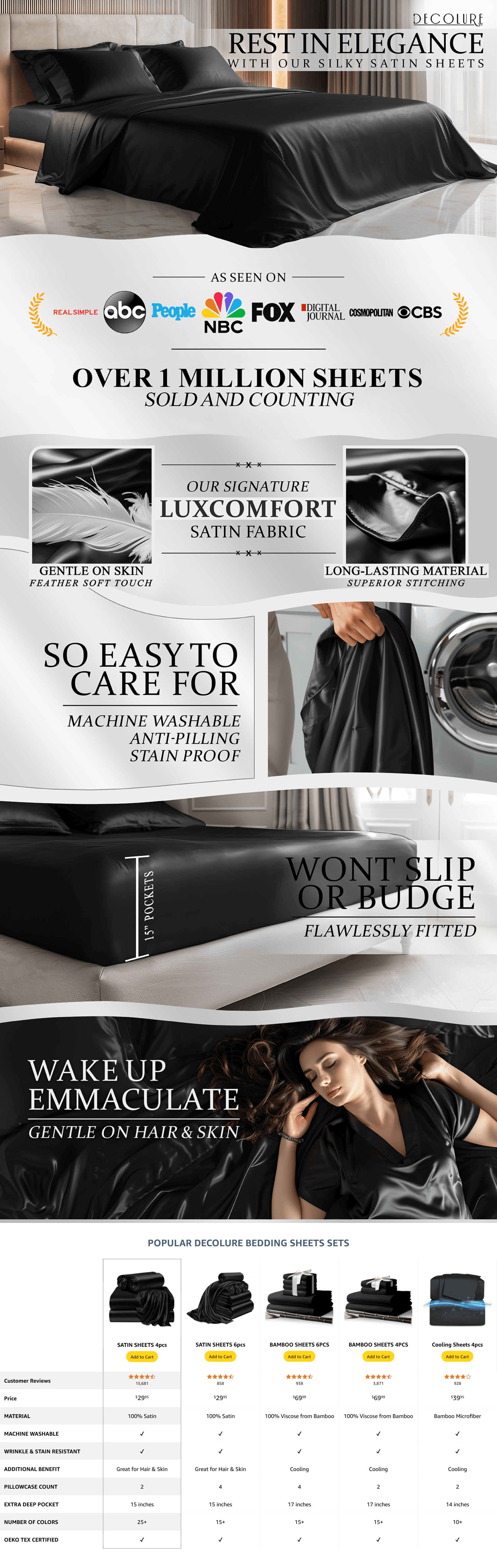 Premium A+ Content for Amazon.com: DECOLURE Satin Bed Sheets