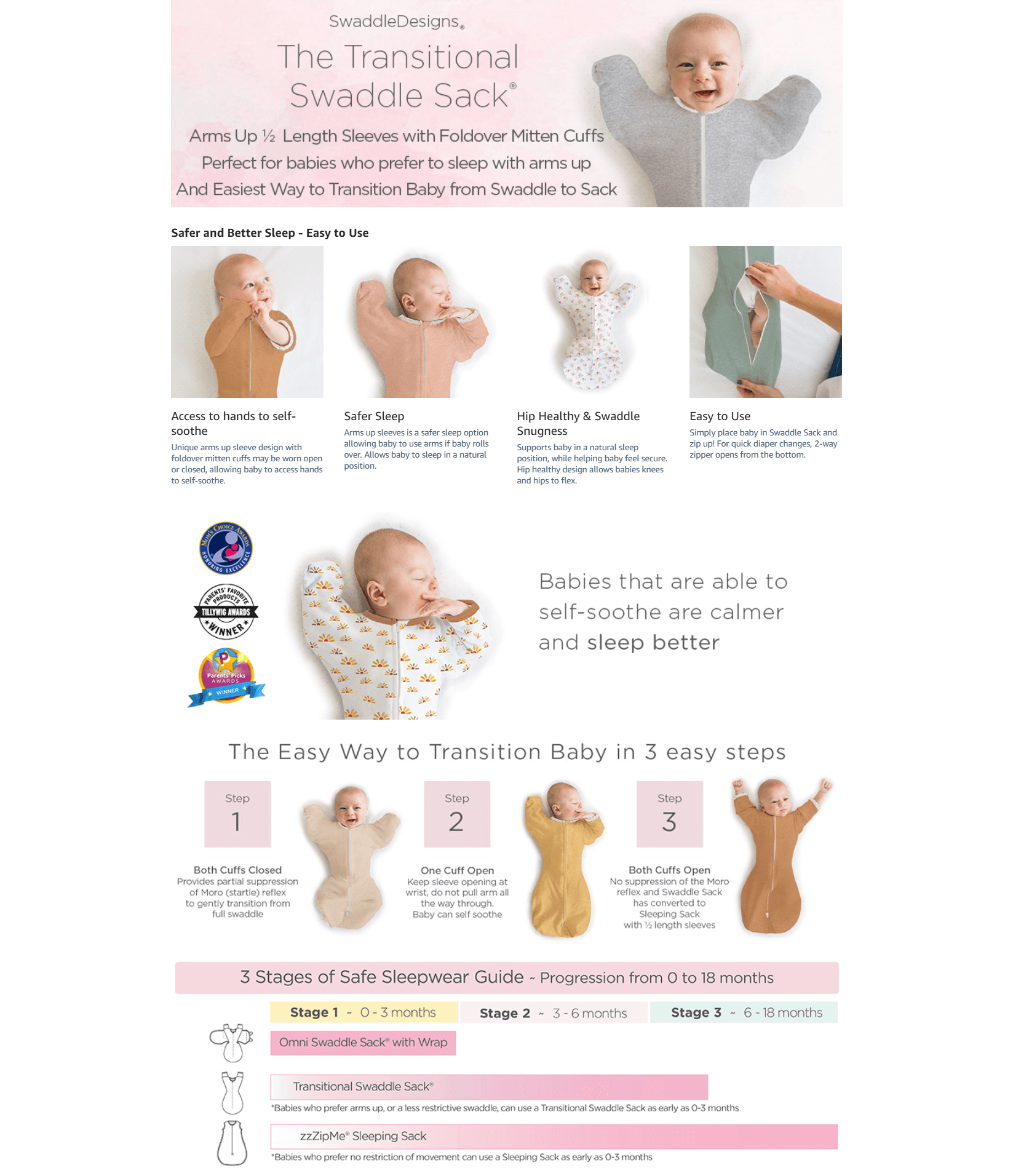 Premium A+ Content for Amazon.com: SwaddleDesigns Transitional Swaddle Sack with Arms Up Half-Length Sleeves…