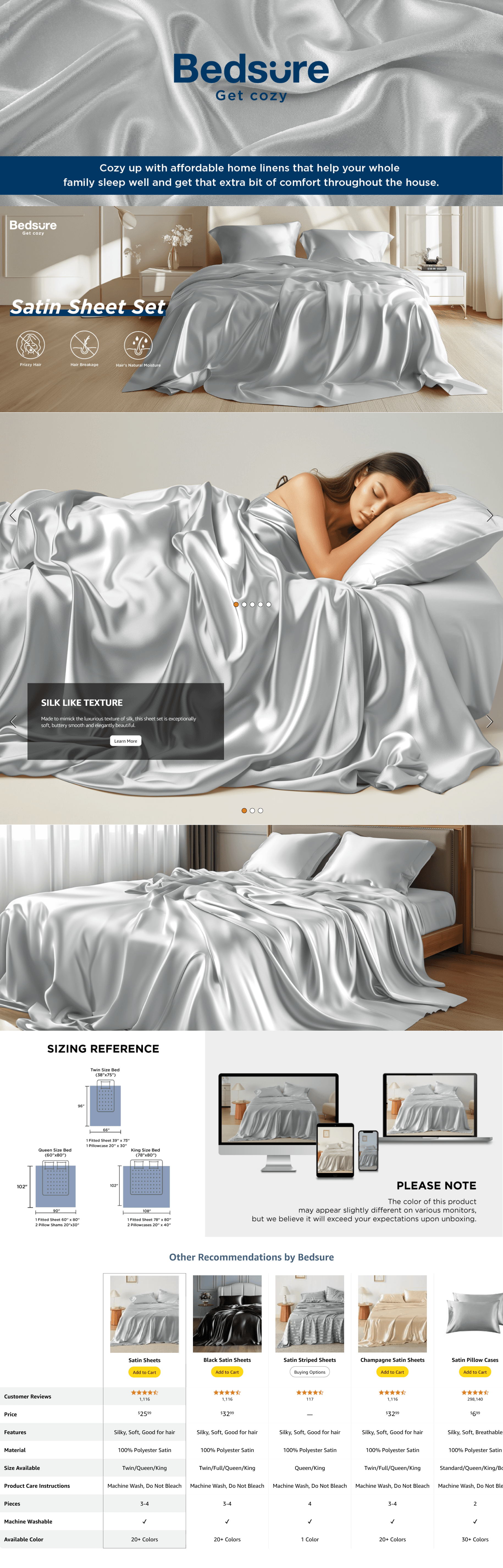 Premium A+ Content for Amazon.com: Bedsure Satin Sheets