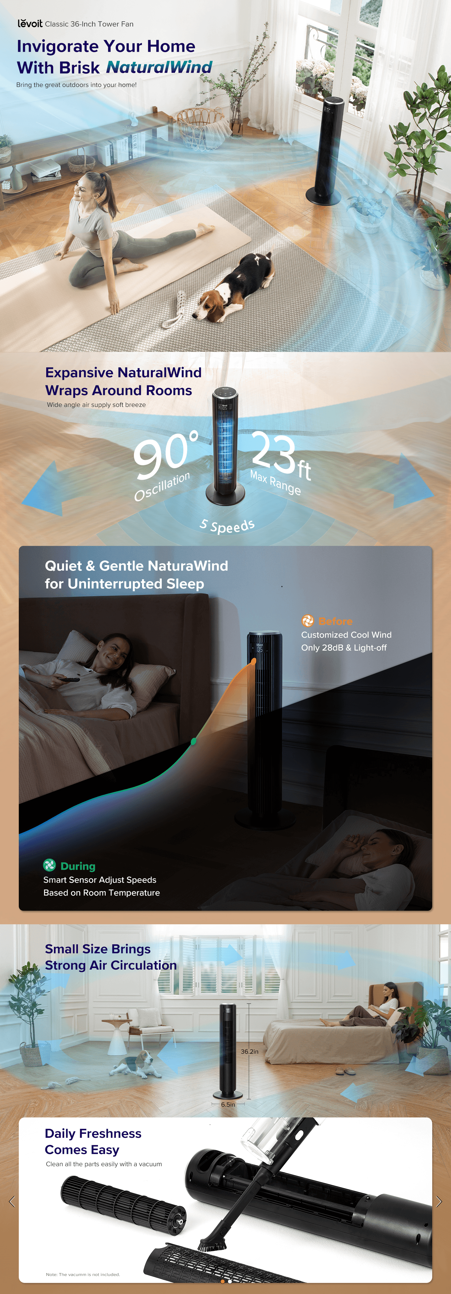 Premium A+ Content for Amazon.com: LEVOIT Classic 36 Inch Bladeless Tower Fan