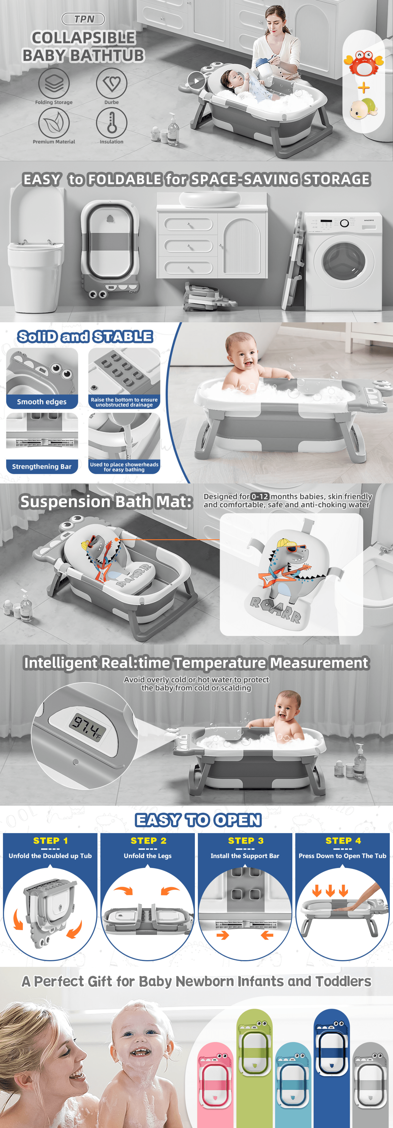 Premium A+ Content for Amazon.com: TPN Collapsible Baby Bathtub for Infants to Toddler with Real-time Temp…