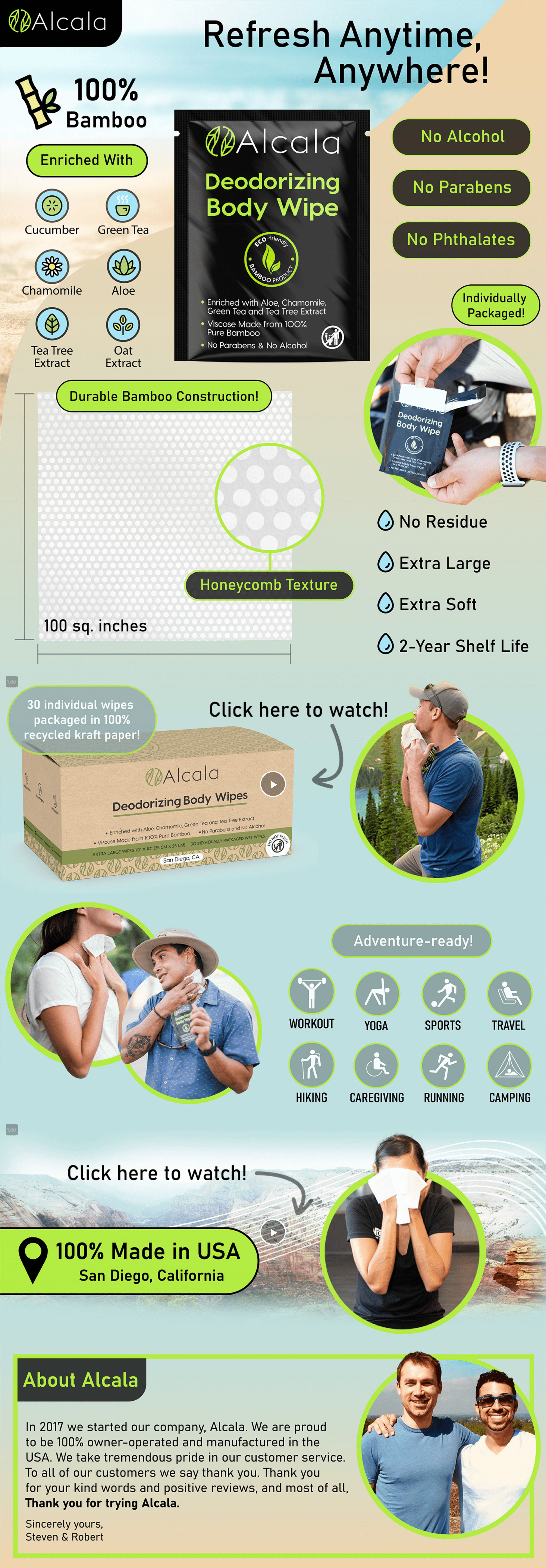 Premium A+ Content for Amazon.com: Alcala Deodorizing Body Wipes Individual Shower Wipes 100% Pure…