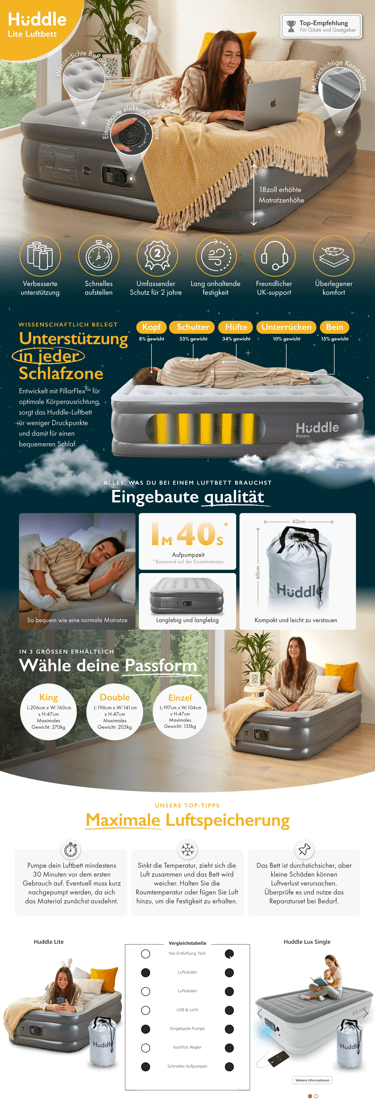 Premium A+ Content for Huddle Lite Luftbett mit Integrierter Pumpe