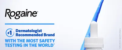 Builds trust by positioning Rogaine as the #1 dermatologist-recommended brand with the most safety testing, reassuring shoppers of its credibility and safety.