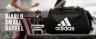 Introduces the adidas Diablo Small Duffel with brand logo and product name over a lifestyle gym scene to set the tone for the page.