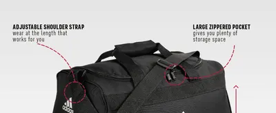 Points out the adjustable shoulder strap and large zippered pocket so shoppers understand the bag's functional details. Highlights two distinct practical benefits of the bag's design in one labeled…