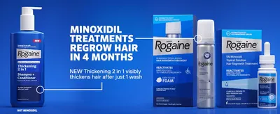 Showcases the range of Rogaine treatment formats so shoppers can see the full product lineup. Highlights that the new Thickening 2 in 1 product visibly thickens hair after just one wash.