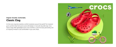 Introduces the Classic Clog as the original comfort shoe, so shoppers see the product's heritage and everyday comfort at a glance. Positions Crocs as the originator of the comfort clog to build…