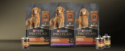 Showcases the range of Complete Essentials formula options within the Purina Pro Plan line to help shoppers pick a variant. Points to specific packaging features on the bags and cans to draw…