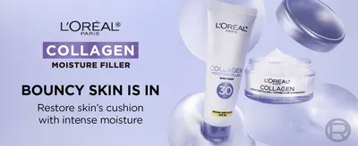Promises bouncy, cushioned skin through intense moisture, so shoppers grasp the main benefit of the Collagen Moisture Filler line. Presents the L'Oréal Paris Collagen range, moisturizer and SPF 30…