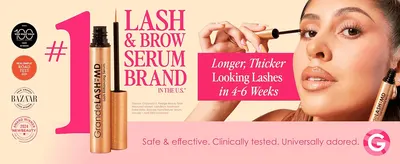 Combines a lash-growth claim, clinical testing and awards to reassure shoppers the serum works and is safe. Builds brand credibility with a category-leader claim and award badges.