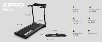 Shows the treadmill's physical dimensions folded and unfolded so shoppers can judge if it fits their space. Communicates key performance and capacity specs so shoppers can assess the treadmill's…