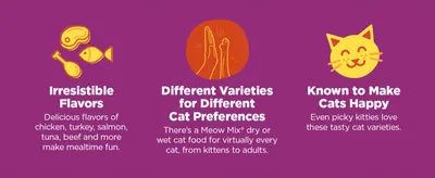 Communicates three distinct benefits (flavor variety, options for different cats, and proven appeal) in a segmented icon layout to build confidence in the product's versatility.