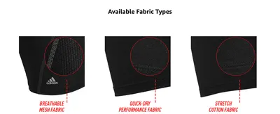 Zooms in on three fabric types so shoppers can see the material differences. Presents breathable mesh, quick-dry and stretch cotton fabrics side by side.