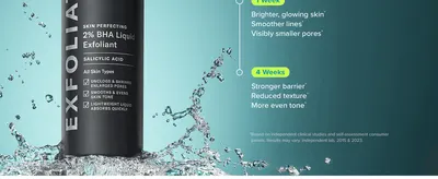 Segments product benefits by time elapsed (brighter skin and smaller pores at 1 week, stronger barrier and reduced texture at 4 weeks) to demonstrate escalating, clinically-backed results. Segments…