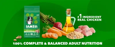 Highlights real chicken as the #1 ingredient alongside other wholesome ingredients to reassure shoppers of complete, balanced nutrition.