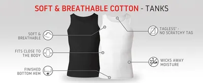Points to physical parts of the tank (tagless label, hem, fit) so shoppers see how it is built and how it feels. Presents several comfort benefits at once, such as breathable cotton and moisture…