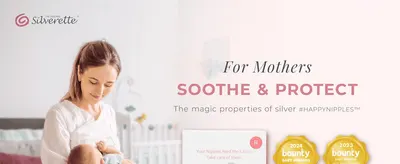 Communicates the core benefit of silver's soothing, protective properties for breastfeeding mothers. Builds credibility by showing award recognition from external baby product organizations.